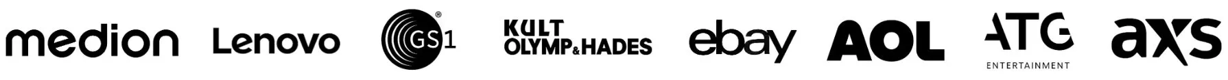 Logos begleiteter Marken: Medion, Lenovo, GS1, Kult Olymp & Hades, eBay, AOL, ATG, AXS